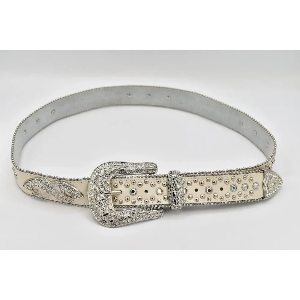 Cream Genuine Leather Rhinestone Western Belt M/L Silver Studded Crystal Y2K
